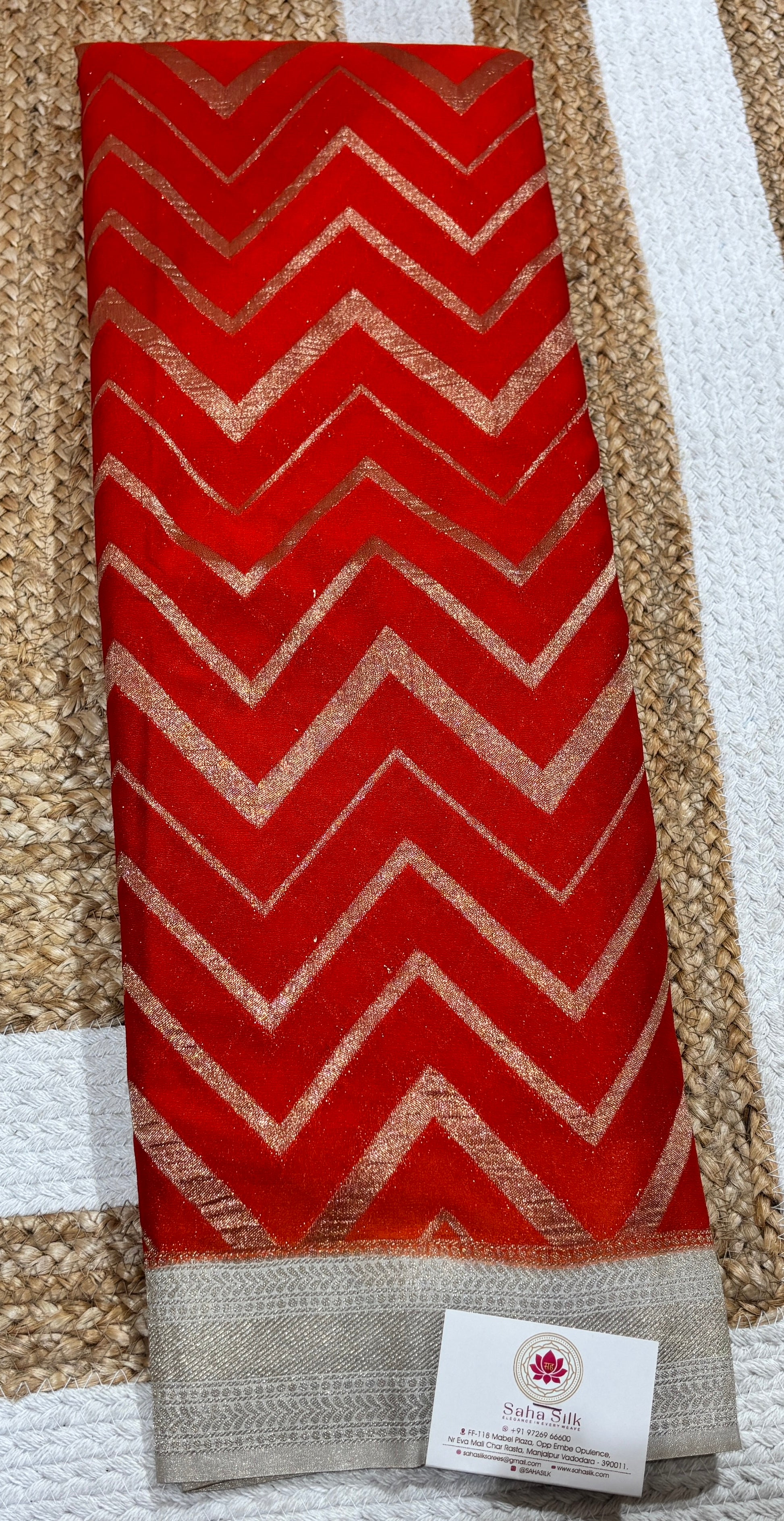 ORANGE COLOR ZIG ZAG PATTERN SEMI JORJET SAREE