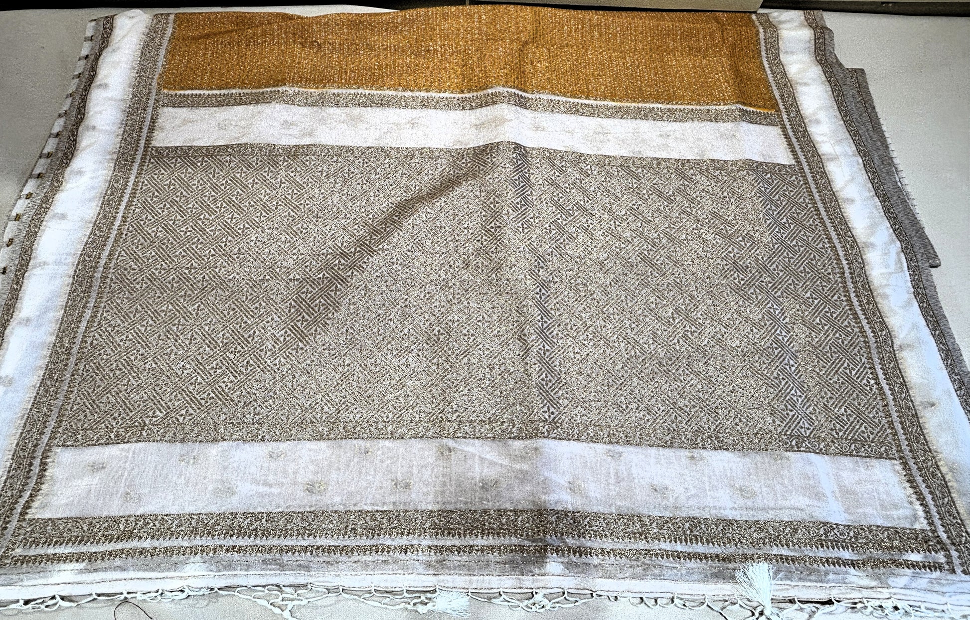 YELLOW COLOR KHADI JORJET WITH OFF-WHITE BENTEX BORDER